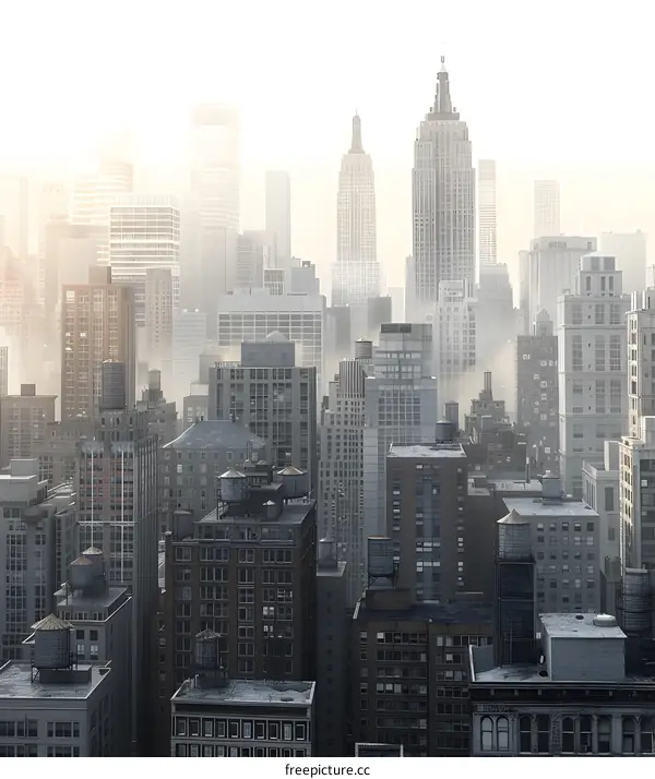 New York City skyline in the fog