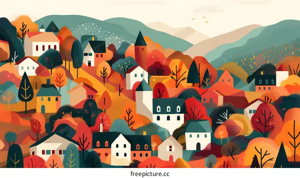 Colorful Autumn Village Illustration