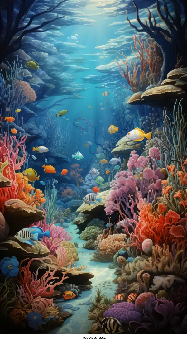 Undersea coral reef with a variety of fish swimming around