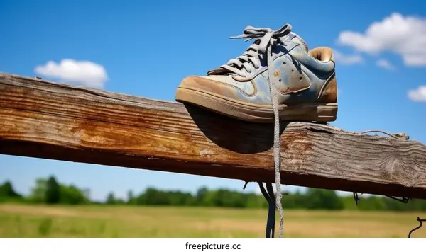 A Well-Worn Shoe on a Wooden Fence