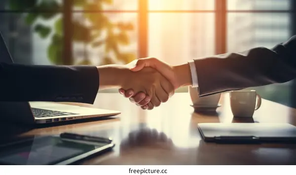 Business handshake agreement between two people in suits with a bright sunny background