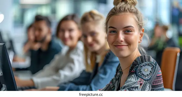 portrait of a young woman with blonde hair and blue eyes in a busy office environment with four people