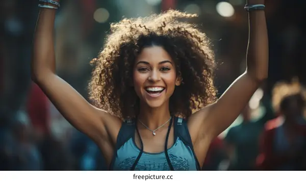 Happy young woman with curly hair and arms in the air