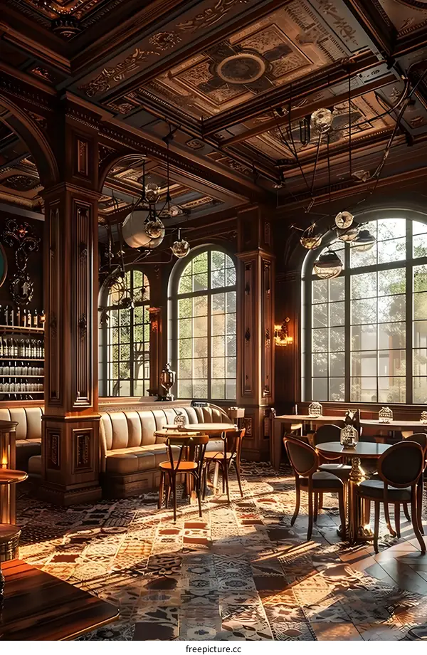 Interior Design of a Luxurious Cafe with Ornate Ceiling and Large Windows