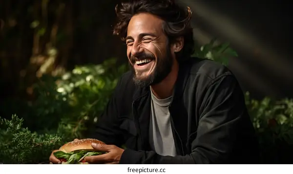 Bearded man eating a burger and laughing