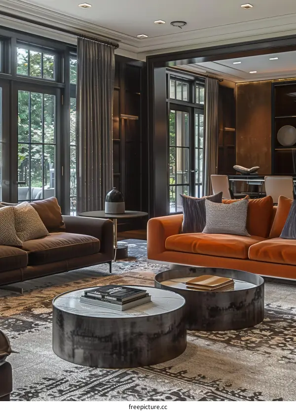 Modern living room interior with brown and orange sofas and patterned rug
