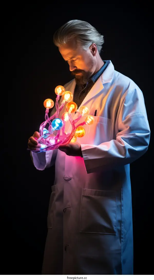 Scientist holding a 3D printed model of a neuron