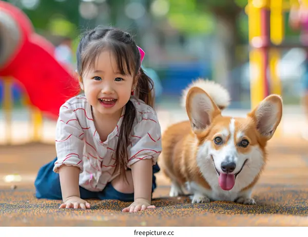 A happy girl playing with a corgi dog in the playground