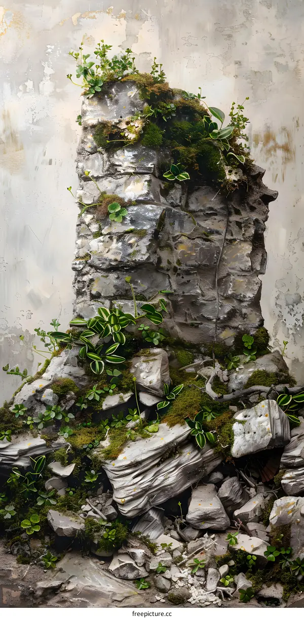 Stone Wall Ruin With Green Plants Growing On It