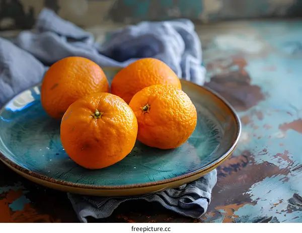 Four Oranges on a Blue Plate