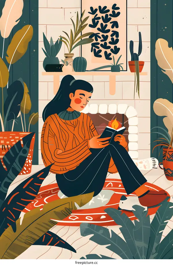 Woman Reading By Fireplace In Cozy Home Decor