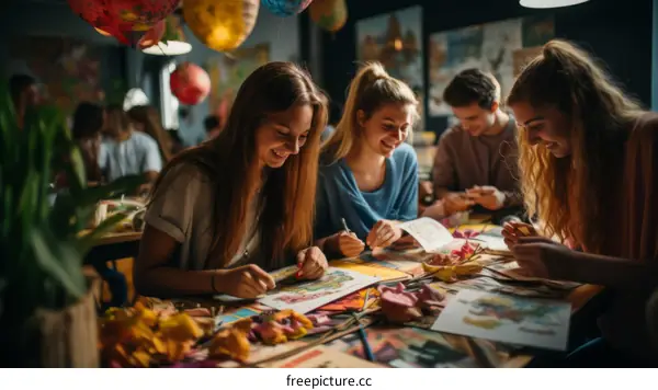 Four young people sitting around a table and making decorations