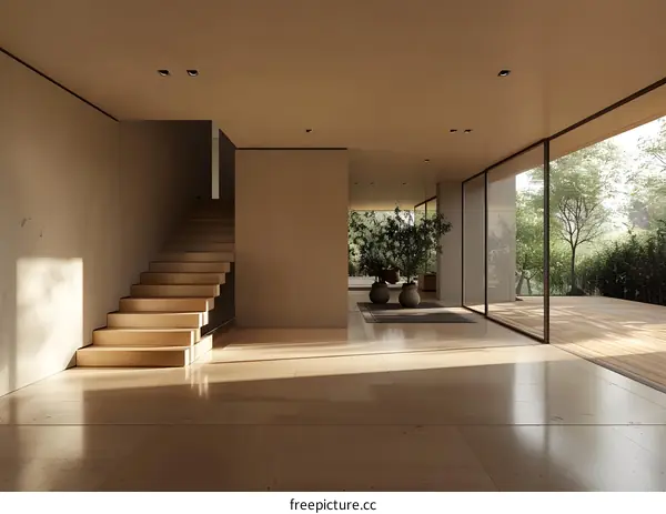 Modern Minimalist Home Interior Design with Stairs and Patio