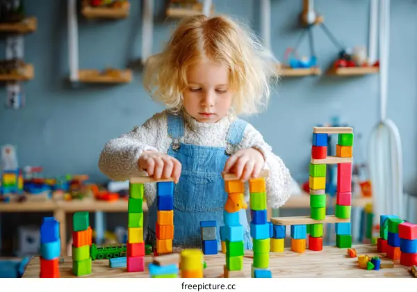 Little Girl Plays with Colorful Wooden Blocks