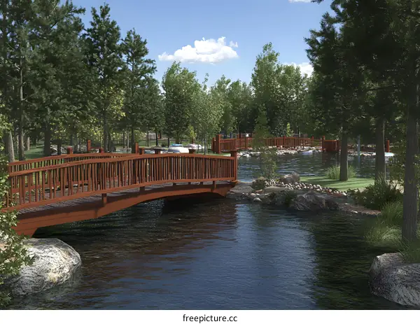Wooden Bridge Over Pond In Forest