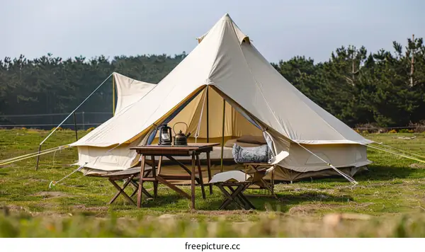 large luxury camping tent furnished with table, chairs, and bed