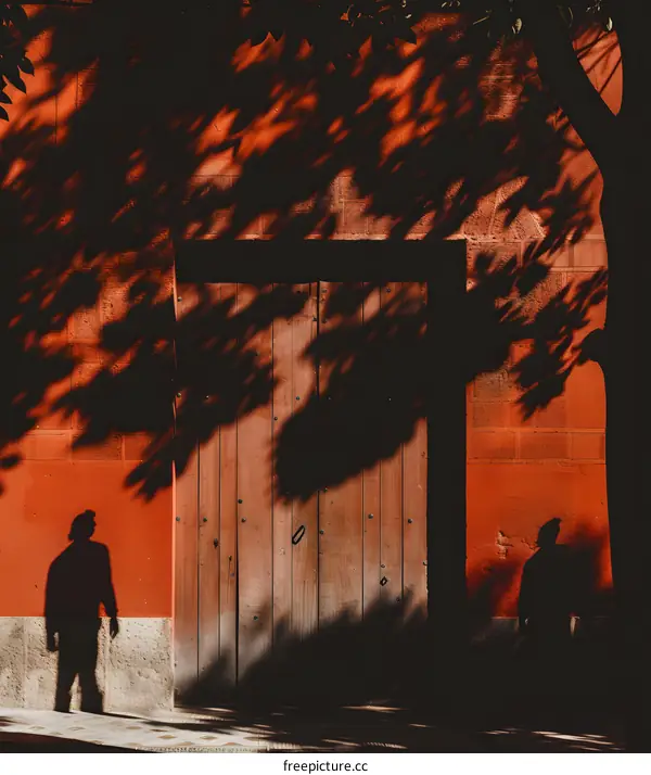 Shadow of a Person Standing in Front of a Red Wall and Wooden Door