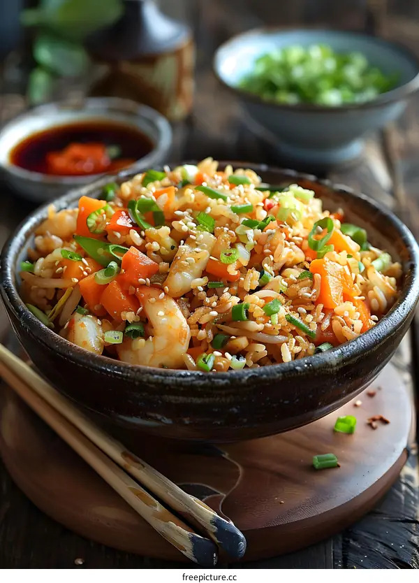 Close Up of Seafood Fried Rice in a Bowl with Chopsticks