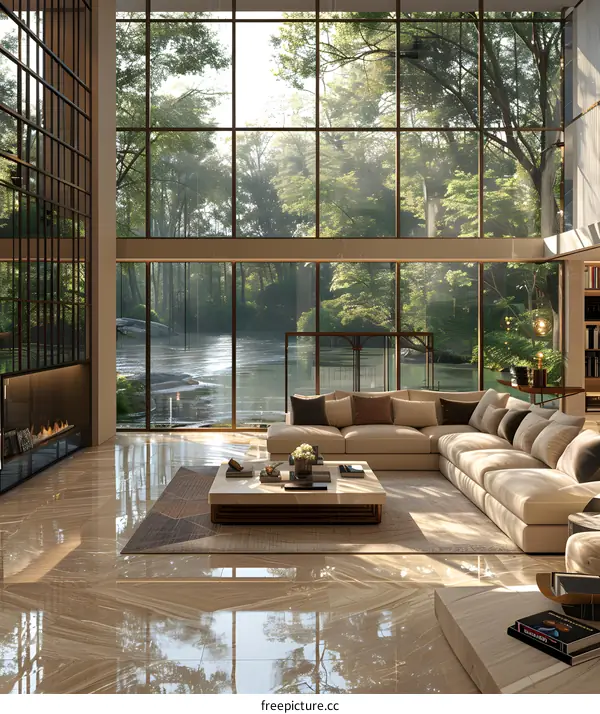 The floor-to-ceiling windows bring the forest into this stunning living room