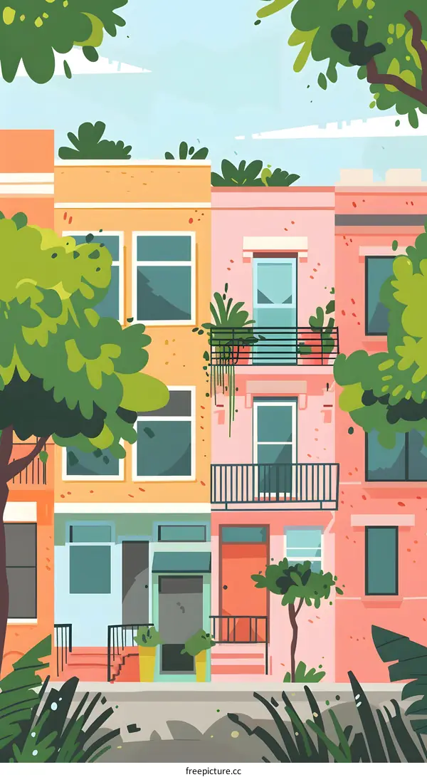 Colorful Row Houses in a Sunny Cityscape