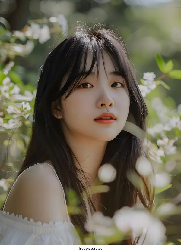 Beautiful Asian Woman With Long Black Hair Posing in Garden