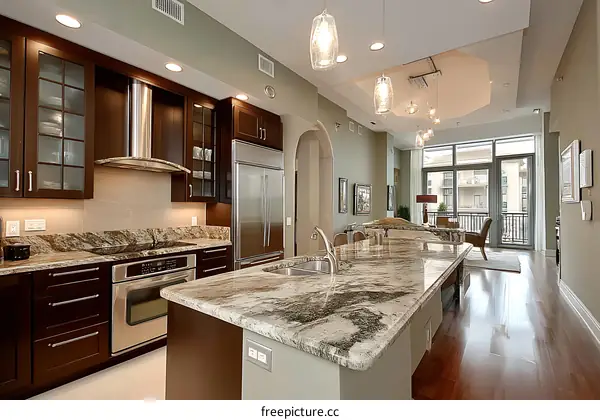Modern Kitchen with Granite Countertop and Large Windows