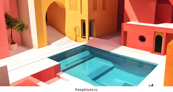 Minimalist Geometric Poolside Architecture With Vivid Colors
