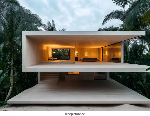 Modern Concrete House With Large Windows Surrounded by Tropical Plants