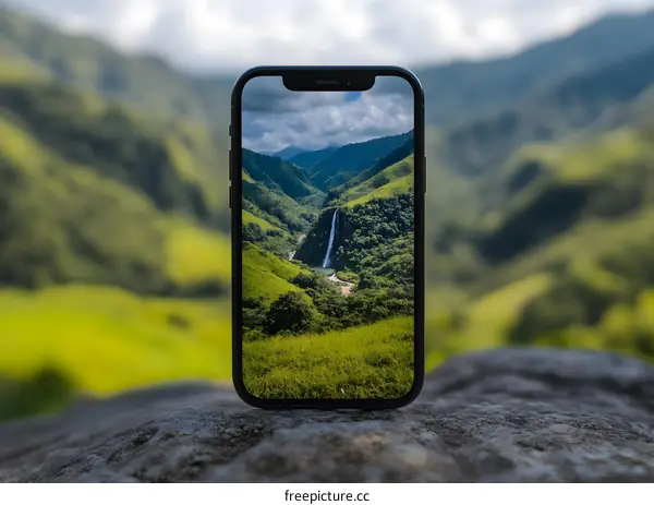 Smartphone on Rock With View of Waterfall