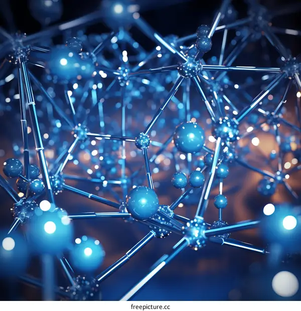 Blue glowing network of interconnected spheres