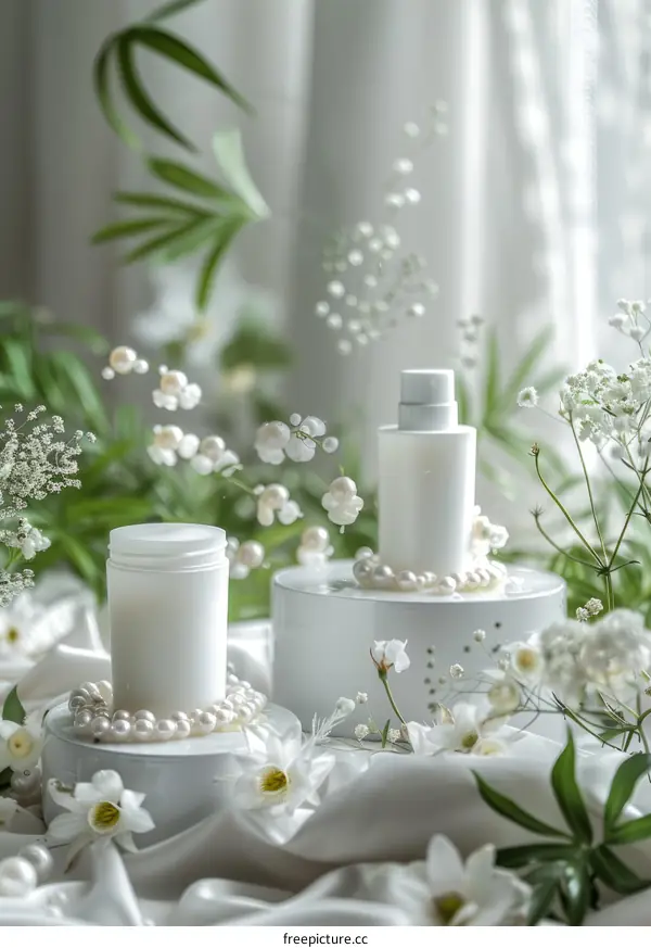 White cosmetic bottle and cream with pearls and flowers