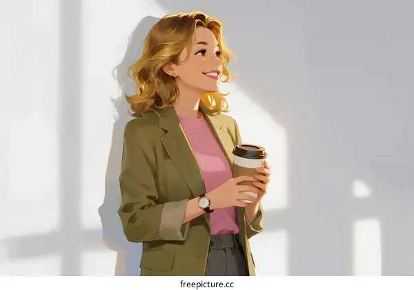 A Young Woman in Casual Business Attire Holding a Takeaway Coffee Cup