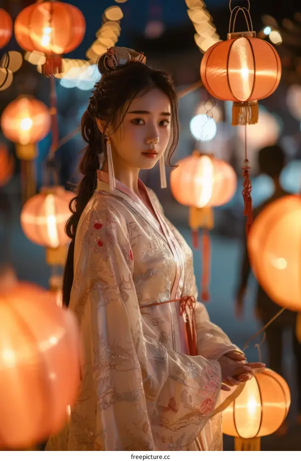 Portrait of a young Chinese woman in traditional clothing standing in front of a row of red lanterns.