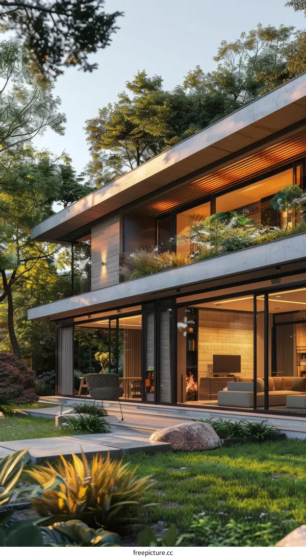 Modern House Exterior Design with Large Glass Windows and Green Backyard