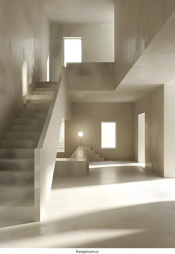 Minimalist Concrete Interior Design With Staircase and Sunlight