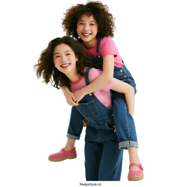 [Transparent Background PNG]Two girls in matching outfits having fun together