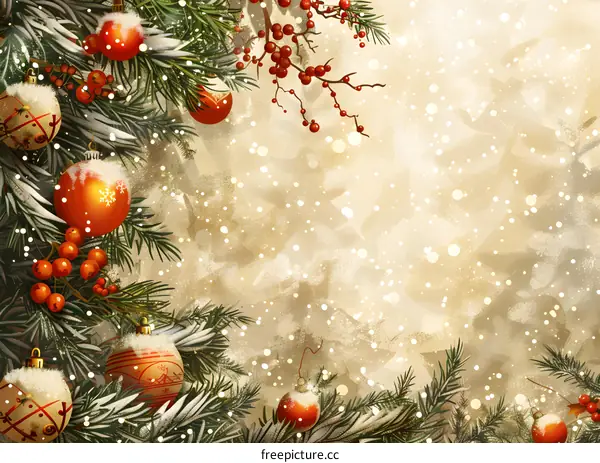 Christmas background with fir branches and red balls