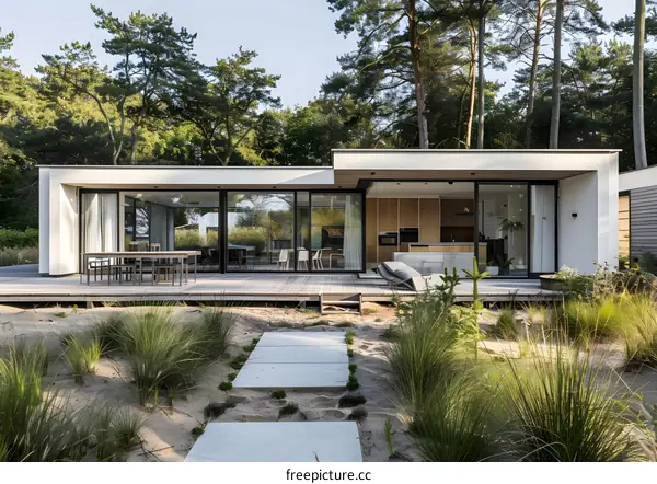 Modern White House with Large Windows and Wooden Deck
