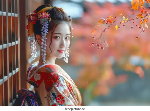 Portrait of a beautiful Japanese woman in traditional kimono