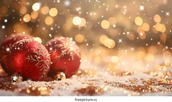 Red and gold Christmas ornaments on snow