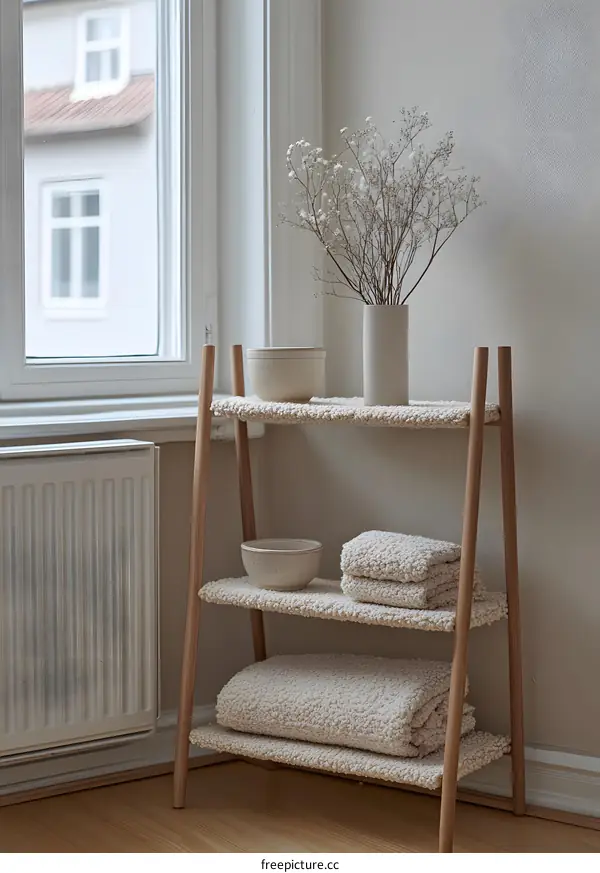 White Ceramic Bowls on Wooden Shelf with Dried Flowers