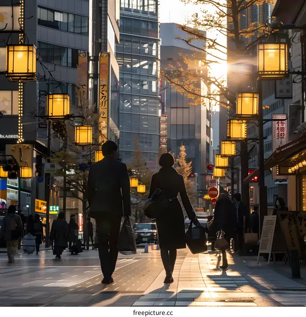 Silhouettes of Two People Walking on a Street in Tokyo