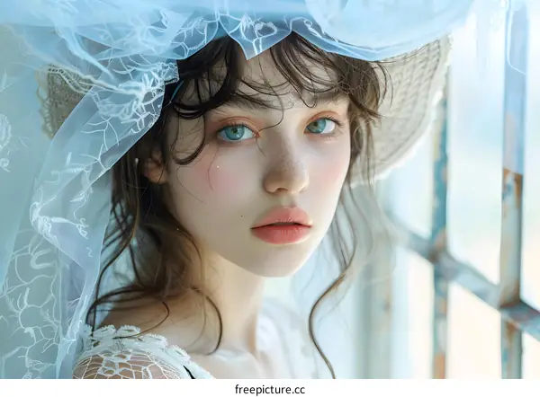 Portrait of a beautiful young woman with blue eyes and freckles wearing a white dress and a blue hat with a veil.