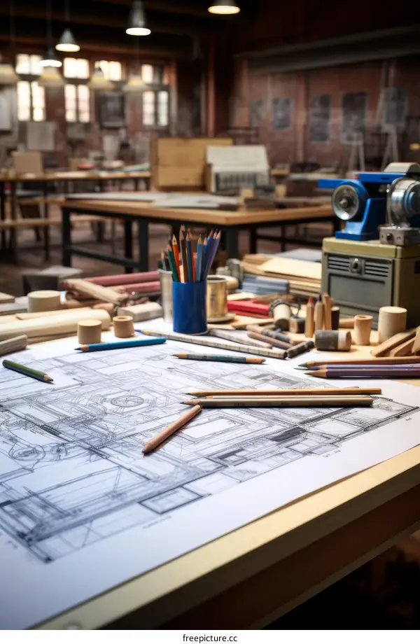 An architect's desk with blueprints and various tools