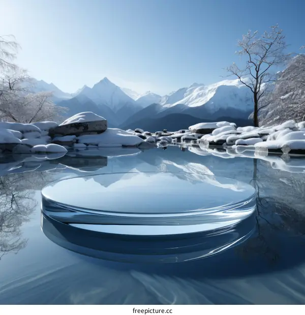 3D rendering of a glass platform floating on a frozen lake in the mountains