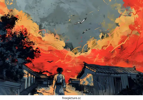 Man Walking Through an Asian Village at Sunset