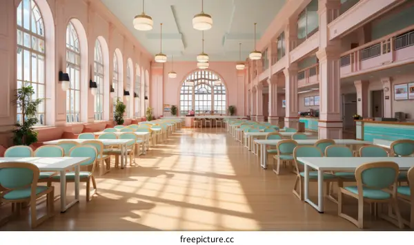Pink retro dining hall with large windows