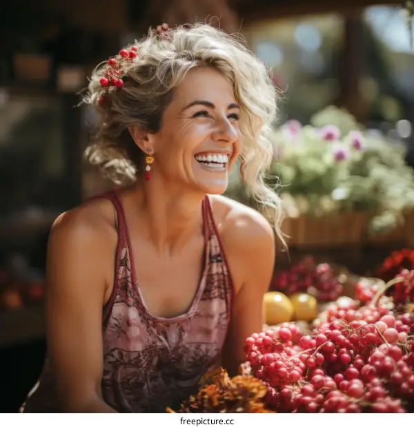 Portrait of a joyful blonde woman at a farmer's market