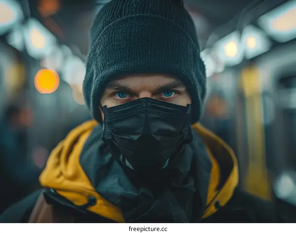 A young man wearing a black beanie and a black mask