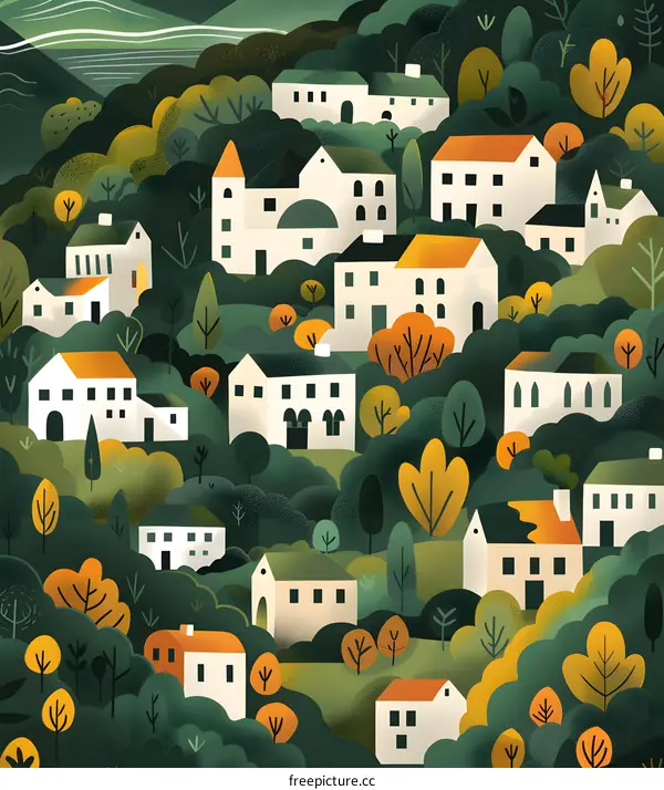 Green Village in the Hills with Houses and Trees